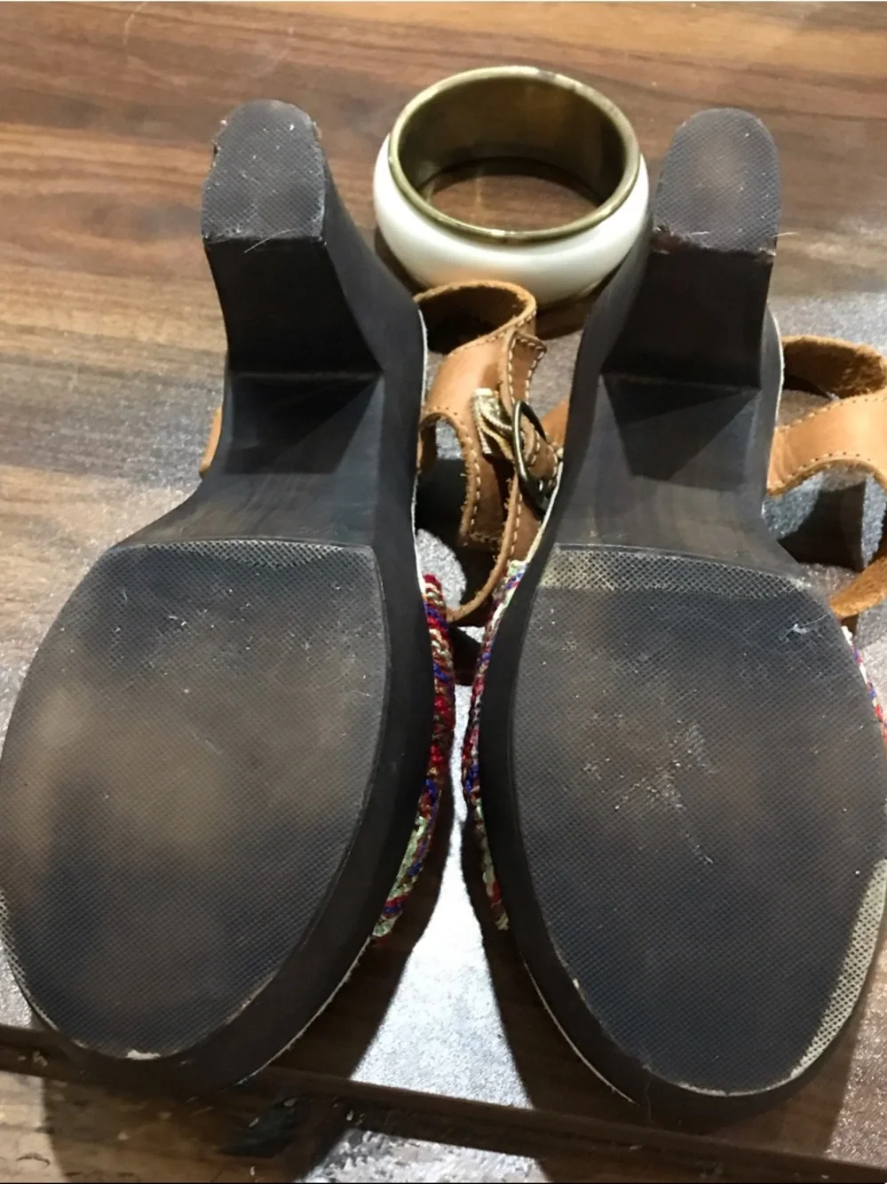Sbicca Tan Ankle-Strap Sandals with Red Multicolor Bow Accent